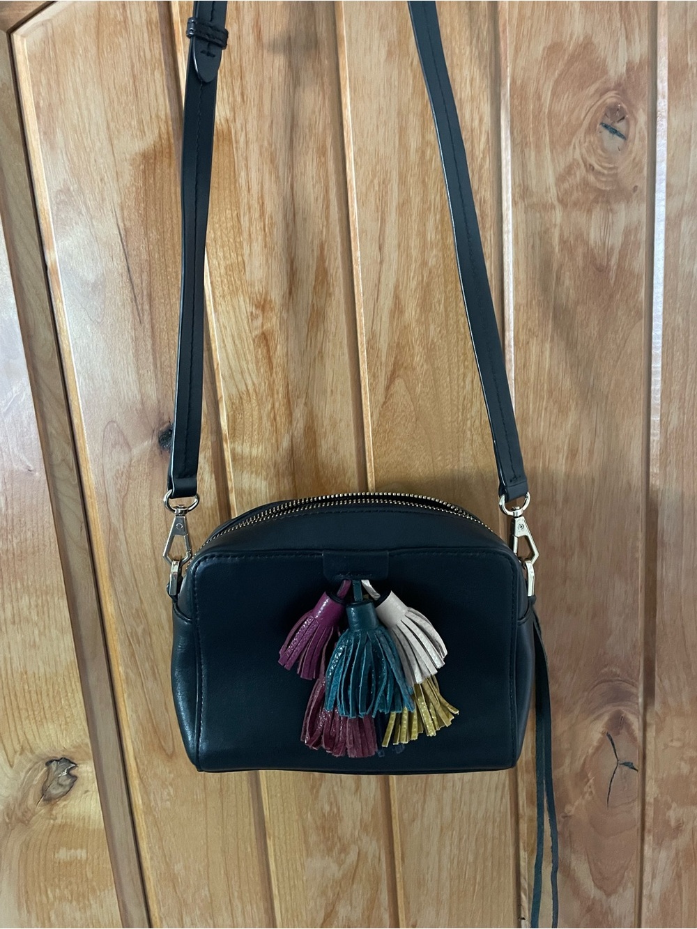 Rebecca Minkoff Black Leather Crossbody with Multicolor Tassels mini Sofia bag